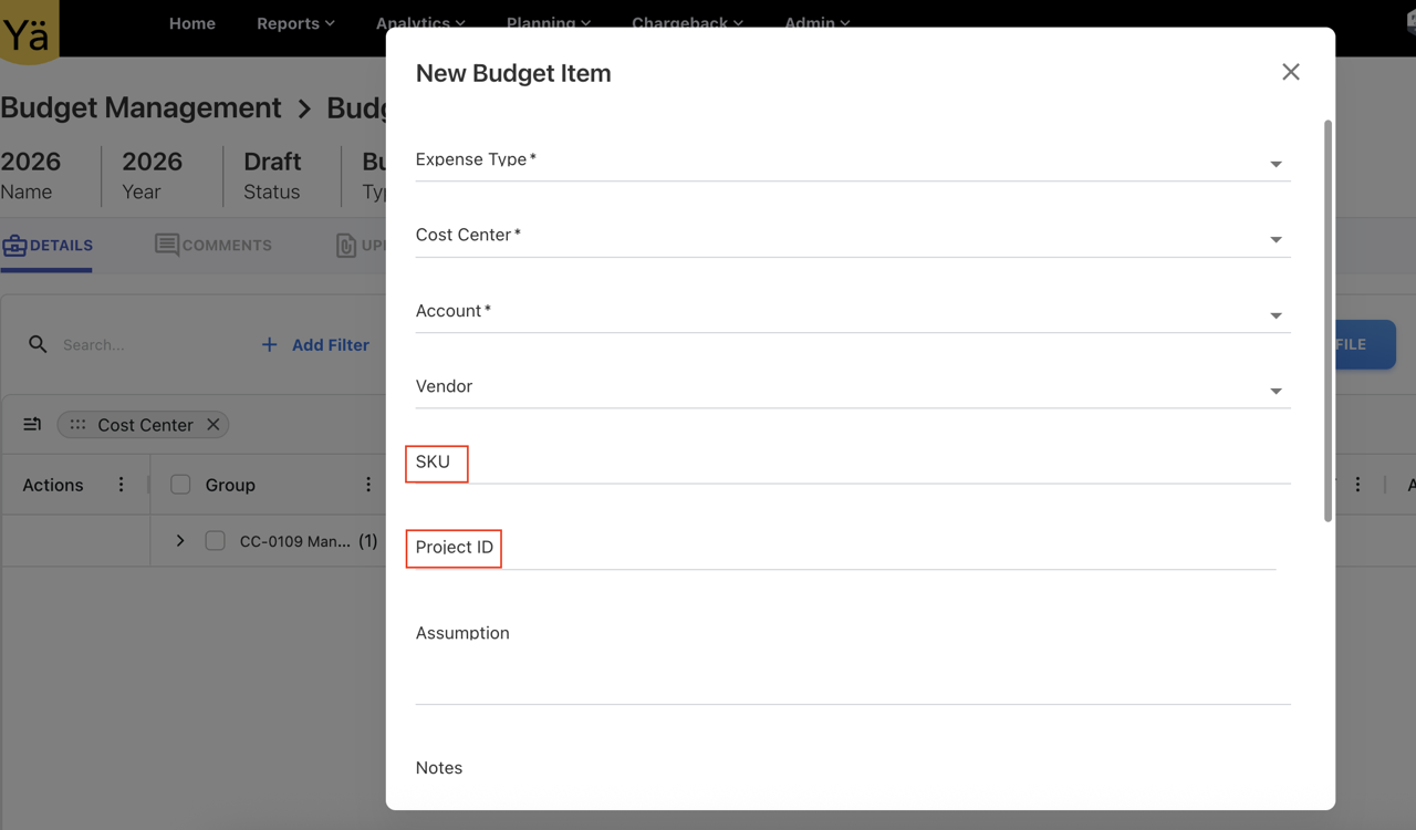 Planning Form with SKU/Project